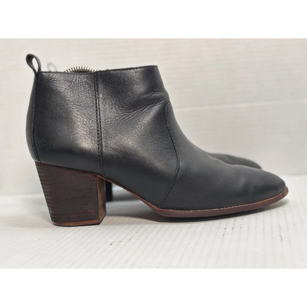 Madewell The Brenner Black Leather Ankle Boots Block Heel Side Zip Womens 9‎